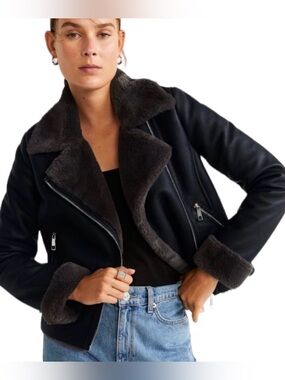 Mango Black Leather Shearling Jacket